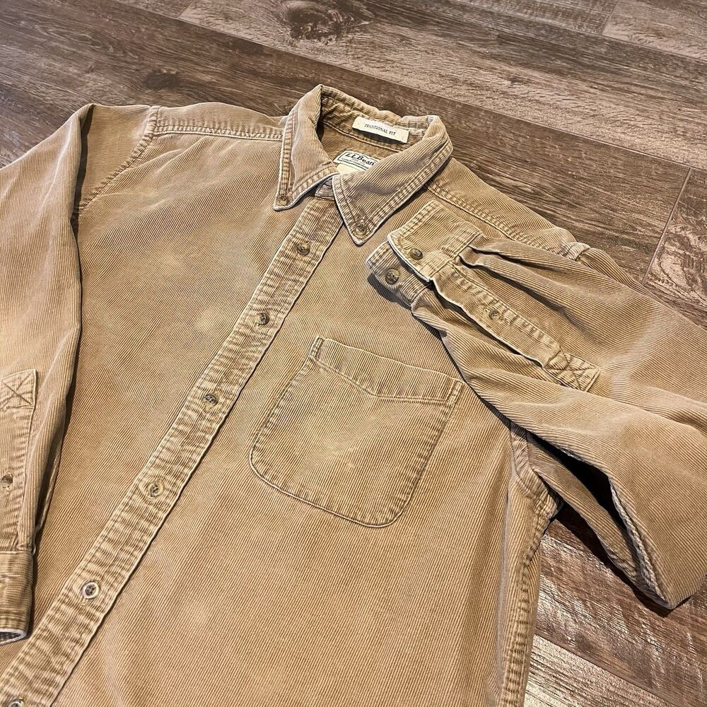 Vintage LL Bean Corduroy Shirt Mens Medium Tall Brown Long Sleeve Button-Up